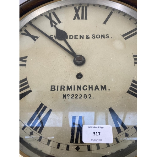 317 - A late 19th century Swinden & Sons Birmingham mahogany cased circular drop dial wall clock with pend... 