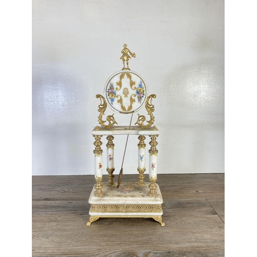 321 - An Alfa gilt metal and porcelain quartz mantel clock with pendulum - approx. 48cm high