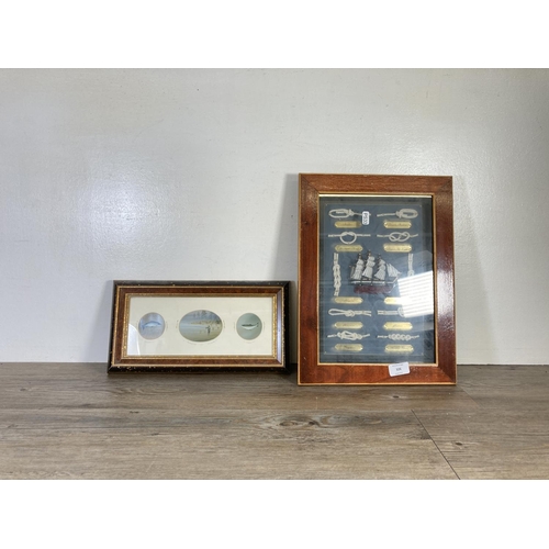 326 - Two framed items, one nautical knot board - approx. 40cm high x 30cm wide and one print of a fisherm... 