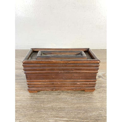 336 - A Tramp art style hardwood money box - approx. 10cm high x 20cm wide x 9cm deep