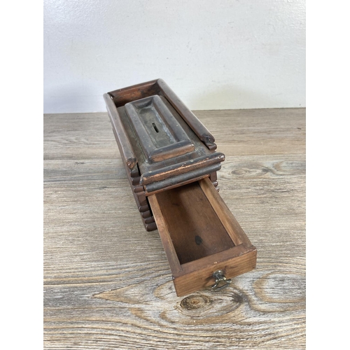 336 - A Tramp art style hardwood money box - approx. 10cm high x 20cm wide x 9cm deep