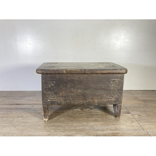 338 - A 17th century style stained pine miniature chest - approx. 21cm high x 36cm wide x 20cm deep