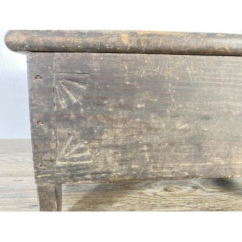 338 - A 17th century style stained pine miniature chest - approx. 21cm high x 36cm wide x 20cm deep