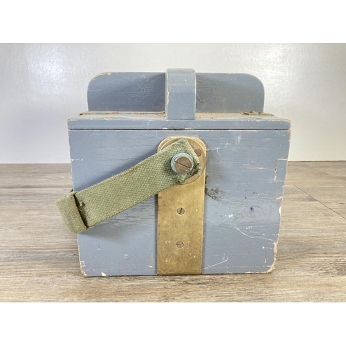 349 - A grey painted wooden Nato battery box - approx. 22cm high x 35cm wide x 20cm deep