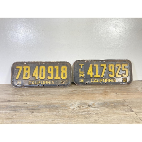 350B - Two 1951 California number plates - approx. 35cm wide x 15cm high