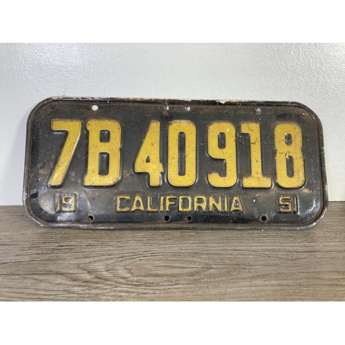 350B - Two 1951 California number plates - approx. 35cm wide x 15cm high