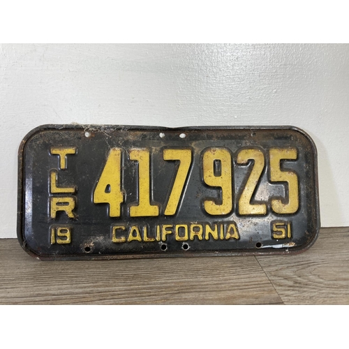 350B - Two 1951 California number plates - approx. 35cm wide x 15cm high