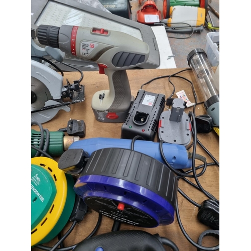 626 - A quantity of assorted power tools to include Nutool belt sander, Nutool jig saw, Kinzo circular saw... 