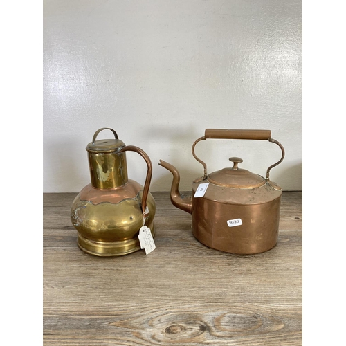 100 - Seven pieces of brass and copperware to include late 19th century Dutch milk jug, Victorian kettle, ... 