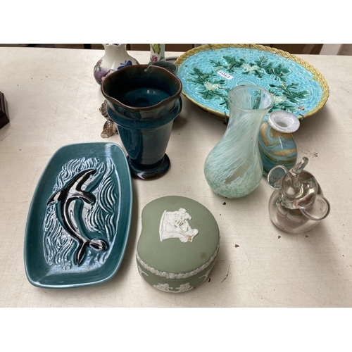 53 - A collection of assorted ceramics and glassware to include Wedgwood sage green Jasperware trinket bo... 