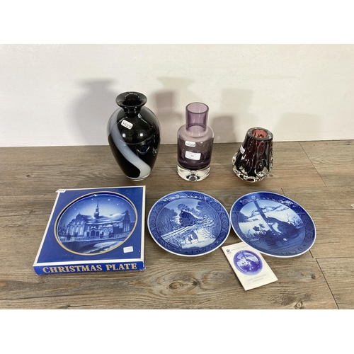 73 - Six ceramic and glass items to include 1970s Liskeard Glass purple knobbly vase , two Royal Copenhag... 