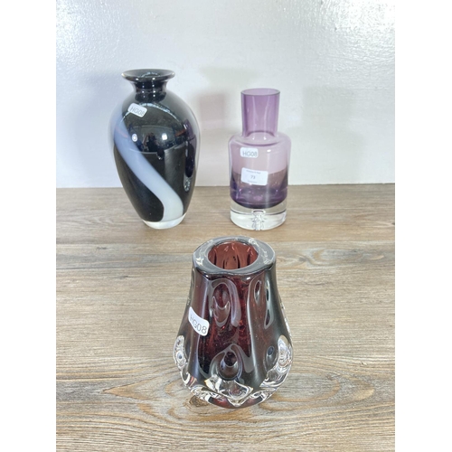 73 - Six ceramic and glass items to include 1970s Liskeard Glass purple knobbly vase , two Royal Copenhag... 