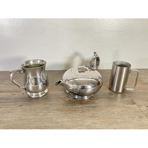 84 - A collection of silver plated ware to include boxed Butler ladle, James Dixon & Sons teapot, trays, ... 