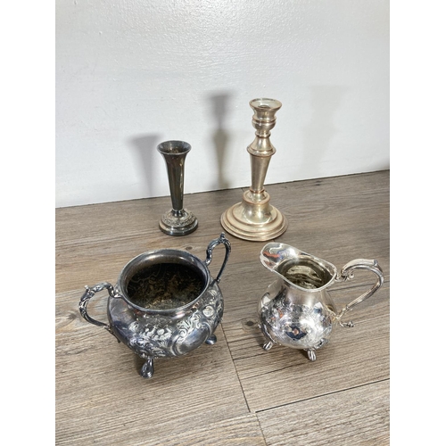 84 - A collection of silver plated ware to include boxed Butler ladle, James Dixon & Sons teapot, trays, ... 