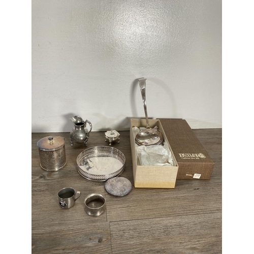 84 - A collection of silver plated ware to include boxed Butler ladle, James Dixon & Sons teapot, trays, ... 