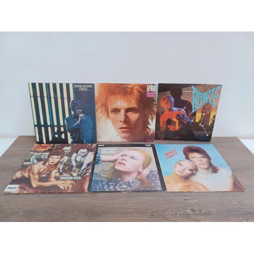 Six David Bowie LP vinyl records to include Stage, Diamond Dogs, Hunky ...