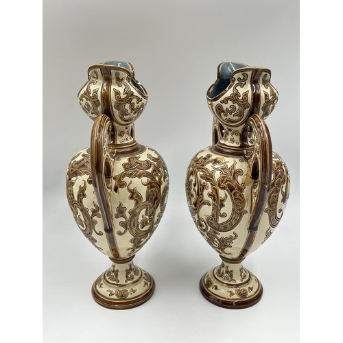 28 - A pair of 19th century Gerbing & Stephan Majolica vases, ref no. 4355 - approx. 26cm high
