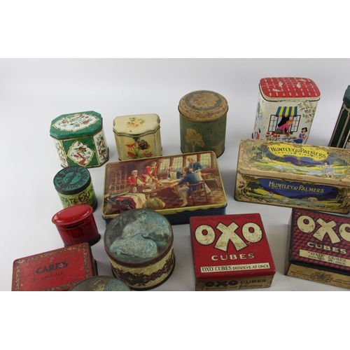 188 - A large collection of vintage advertising tins to include Macintosh, Carrs, Sainsburys etc.