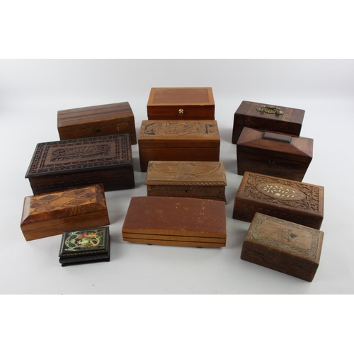 209 - Twelve wooden boxes to include 19th century rosewood sarcophagus two division tea caddy, 19th centur... 