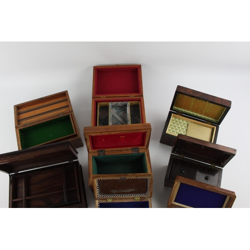 209 - Twelve wooden boxes to include 19th century rosewood sarcophagus two division tea caddy, 19th centur... 