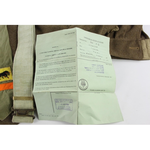 221 - An early 1950's army  R.A.M.C battle dress uniform to include cap, jacket, trousers etc.