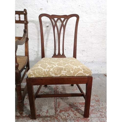 247 - Two 19th century chairs, one beech and rush seated armchair and one mahogany dining chair with flora... 