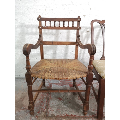 247 - Two 19th century chairs, one beech and rush seated armchair and one mahogany dining chair with flora... 