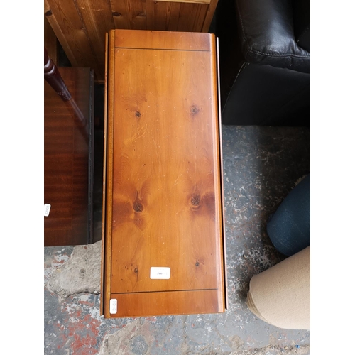 266 - Three pieces of furniture, yew wood drop leaf occasional table, mahogany half moon console table wit... 