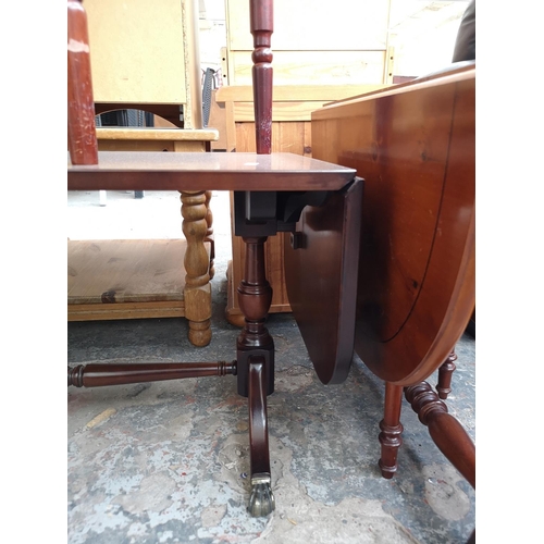 266 - Three pieces of furniture, yew wood drop leaf occasional table, mahogany half moon console table wit... 