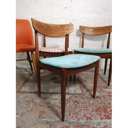 289 - Four mid 20th century dining chairs, three teak and one orange vinyl and beech