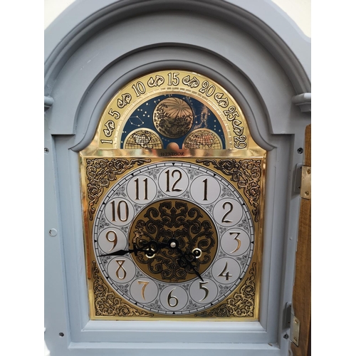 295 - A Windsor grey and white painted 31 day grandfather clock with pendulum and three weights - approx. ... 