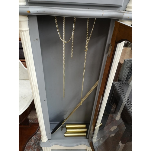 295 - A Windsor grey and white painted 31 day grandfather clock with pendulum and three weights - approx. ... 