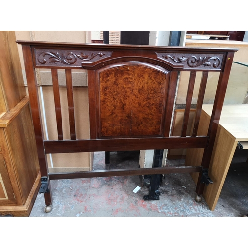 341 - An Edwardian burr walnut and mahogany double bed headboard and footboard