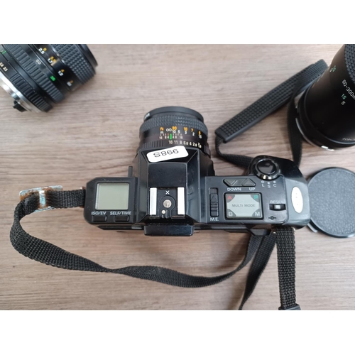 438 - Two items, one camera case containing Chinon CP-7m 35mm SLR fitted with Chinon auto 1:1.9 50mm lens,... 