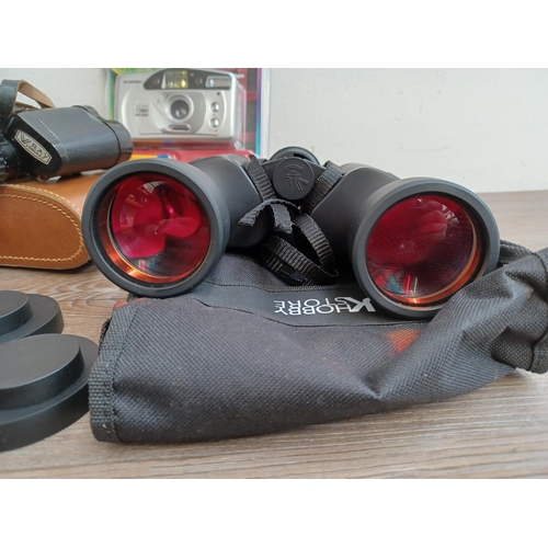 445 - A collection cameras and binoculars to include cased Olympus XA2 35mm compact camera fitted with D.Z... 