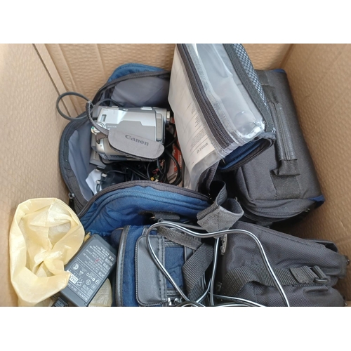 448 - A box containing camcorders to include Sony, Canon etc.