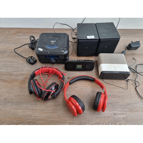 475 - Five items to include Pure Siesta Rise radio alarm clock, Akai A60006 micro stereo system etc.