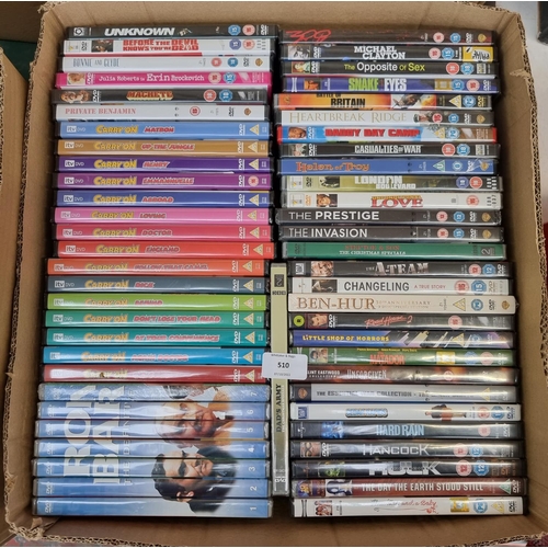 510 - A box containing a collection of sealed DVDs - see images for titles