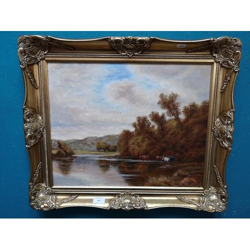 406 - Three gilt framed pictures, two oil paintings, one of a cattle scene signed S. Butler - approx. 63cm... 