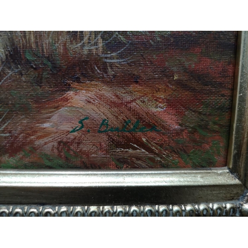 406 - Three gilt framed pictures, two oil paintings, one of a cattle scene signed S. Butler - approx. 63cm... 