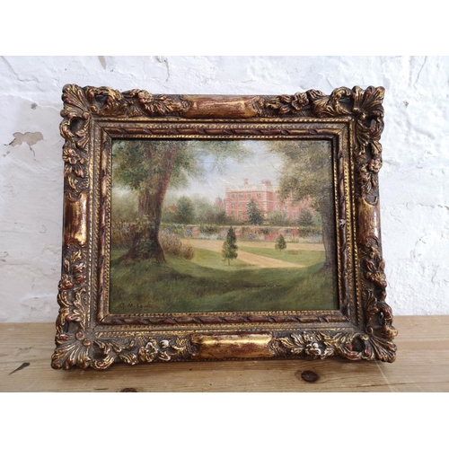 411 - A late 19th/early 20th century gilt framed oil on canvas of a period house and landscape scene signe... 