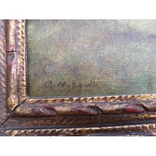 411 - A late 19th/early 20th century gilt framed oil on canvas of a period house and landscape scene signe... 