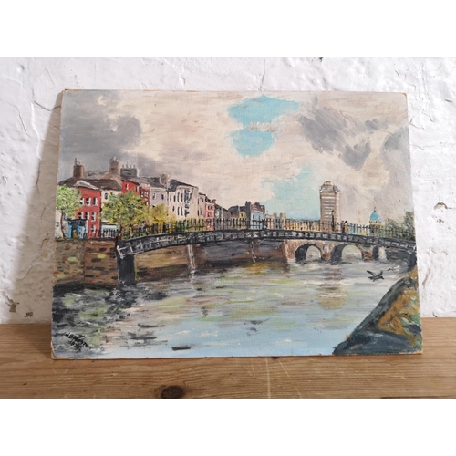 413 - An unframed 1975 oil on board of The Ha'penny Bridge and  River Liffey, Dublin by J. B. Morton - app... 