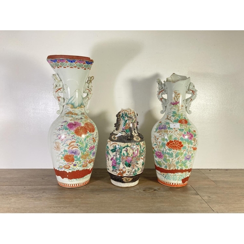 30 - Three Japanese porcelain vases, two with dragon design and one other - largest approx. 53cm high