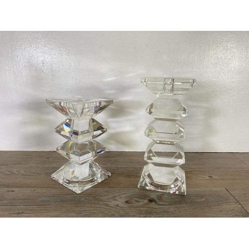 53 - Six pieces of crystal glassware, three decanters, one Stuart 27cm vase and two pyramid shaped candle... 
