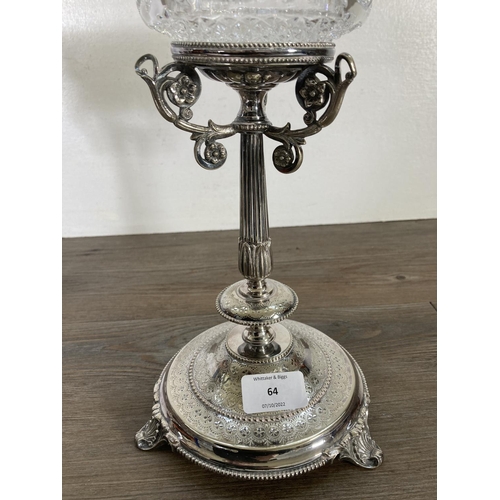 64 - A pair of Victorian Thomas Bradbury & Sons silver plated centrepiece vases with cut glass dishes - a... 