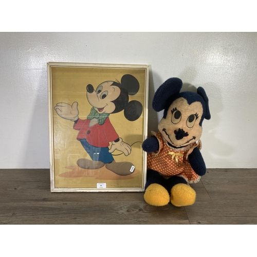 80 - Two Disney items, one vintage Minnie Mouse stuffed toy - approx. 62cm high and one Mickey Mouse prin... 