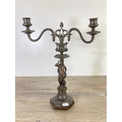 177 - A pair of 19th century Elkington Mason & Co. bronze twin branch candelabras - approx. 37cm high