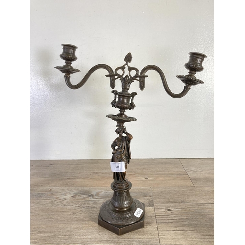 177 - A pair of 19th century Elkington Mason & Co. bronze twin branch candelabras - approx. 37cm high