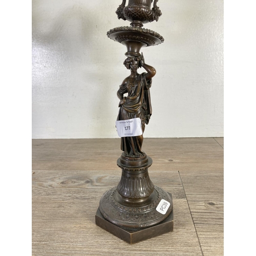 177 - A pair of 19th century Elkington Mason & Co. bronze twin branch candelabras - approx. 37cm high